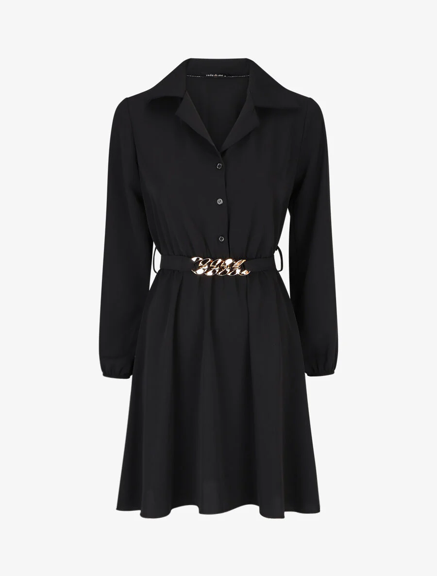 Robe chemise unie coupe patineuse - Noir