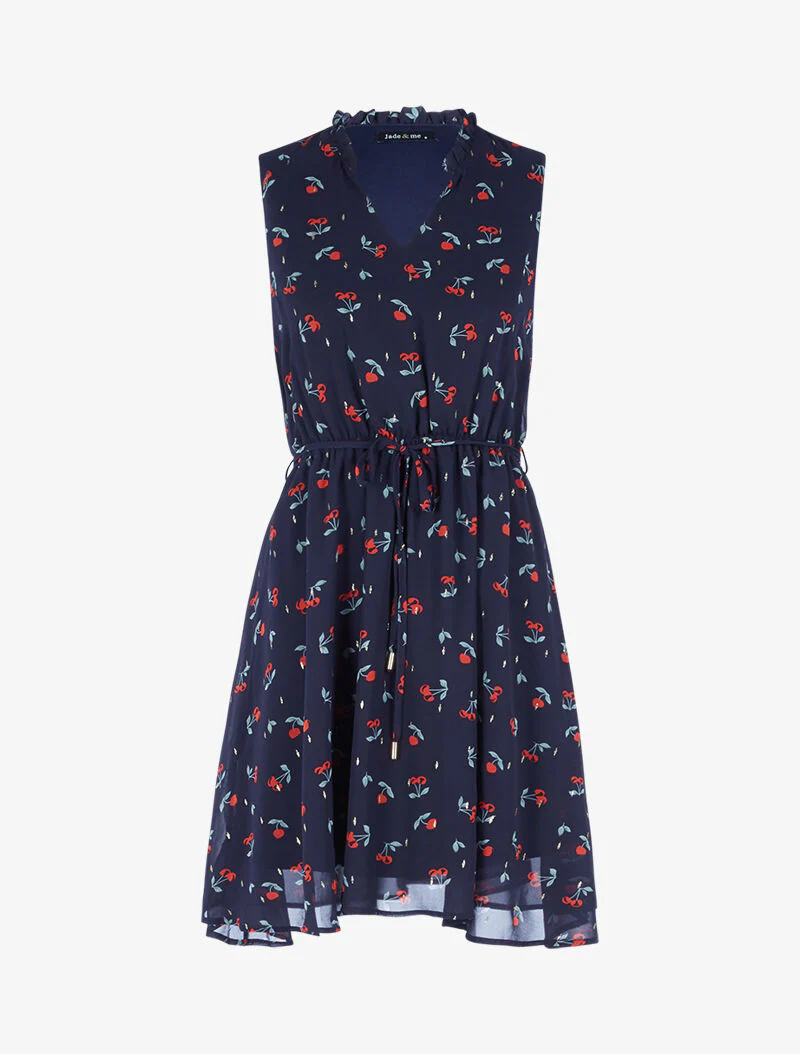 Robe cintrée en voile imprimé cerises - bleu nuit