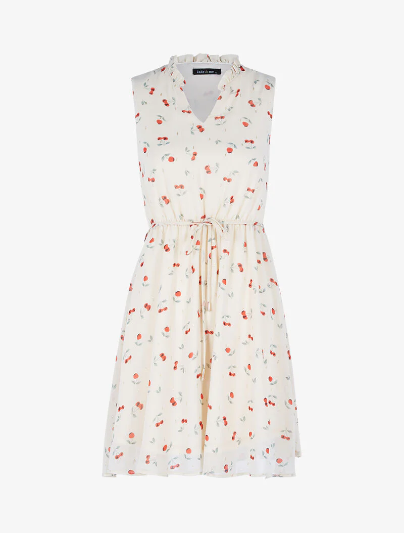 Robe cintrée en voile imprimé cerises - beige
