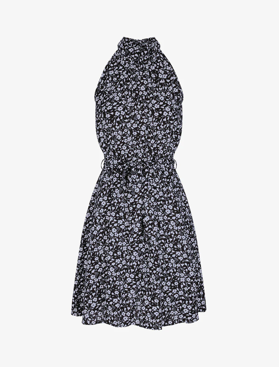 Robe cintrée imprimé petites fleurs à col américain - Noir
