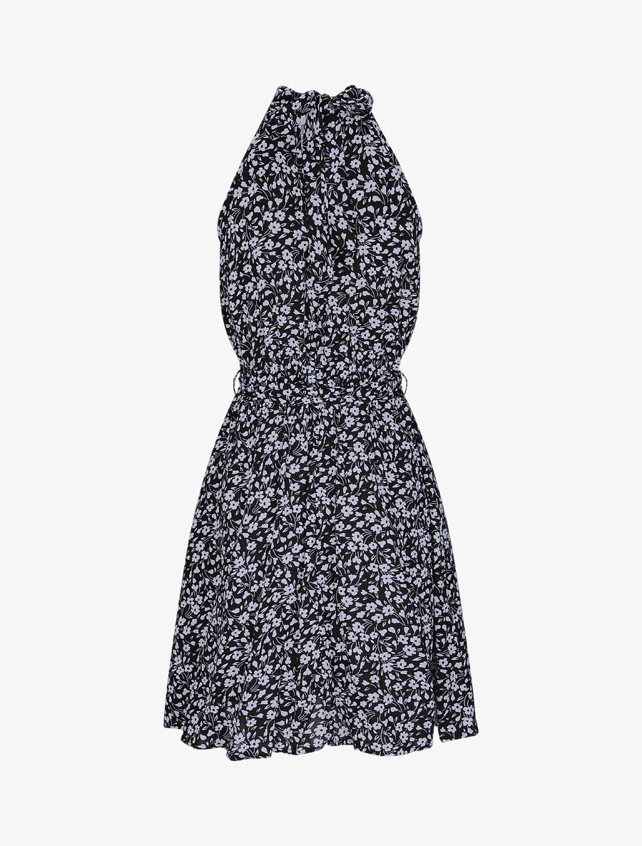 Robe cintrée imprimé petites fleurs à col américain - Noir - Image 2