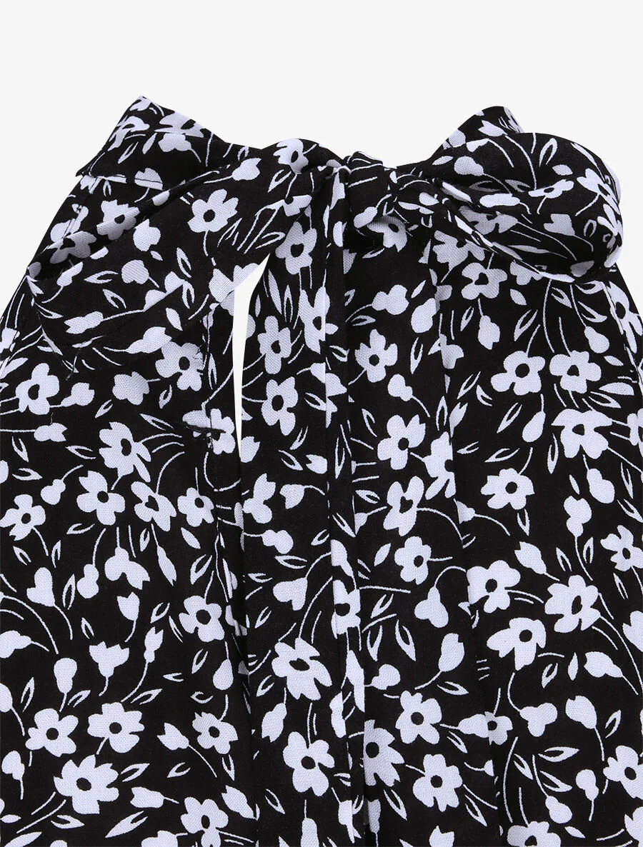 Robe cintrée imprimé petites fleurs à col américain - Noir - Image 3