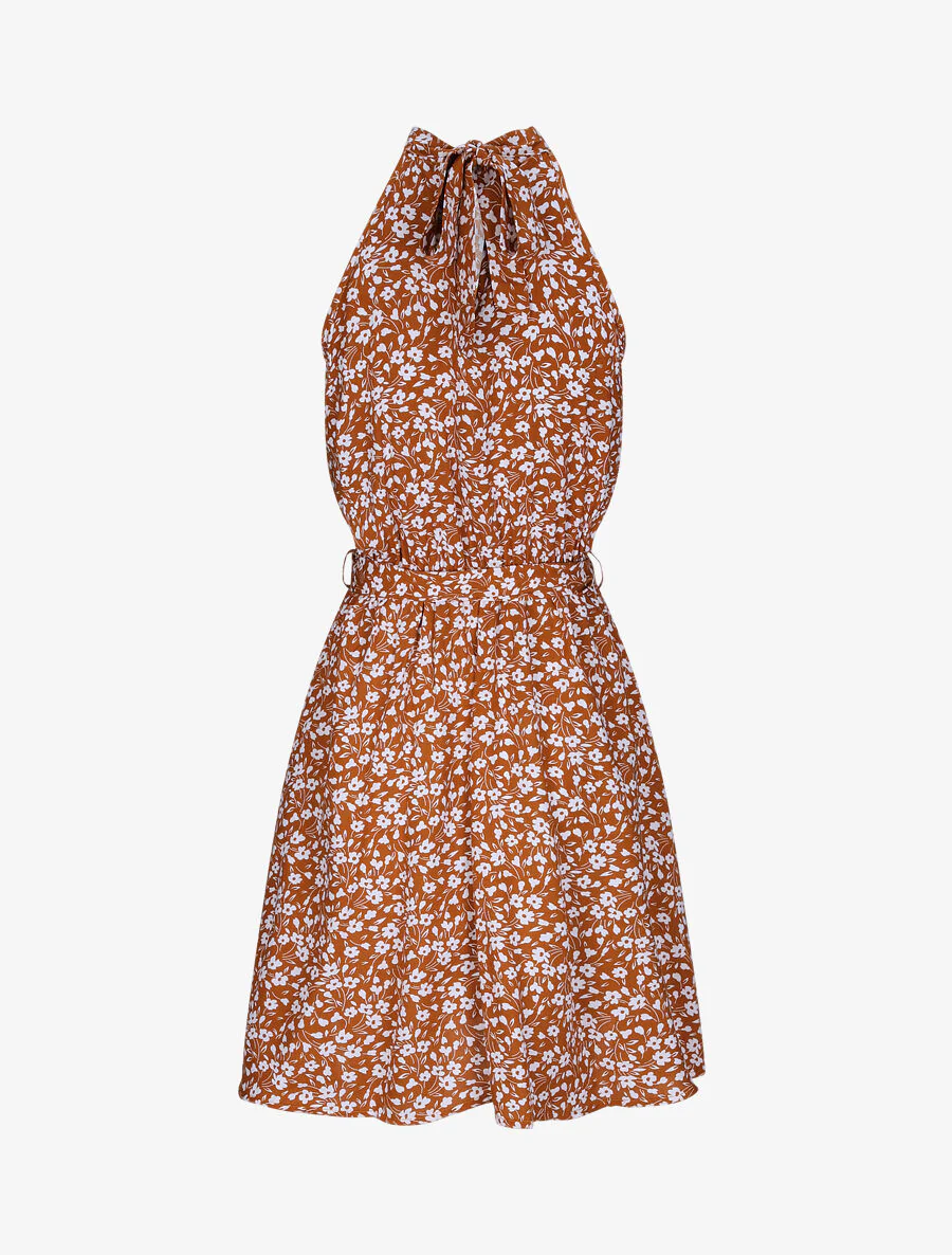 Robe cintrée imprimé petites fleurs à col américain - Camel - Image 2