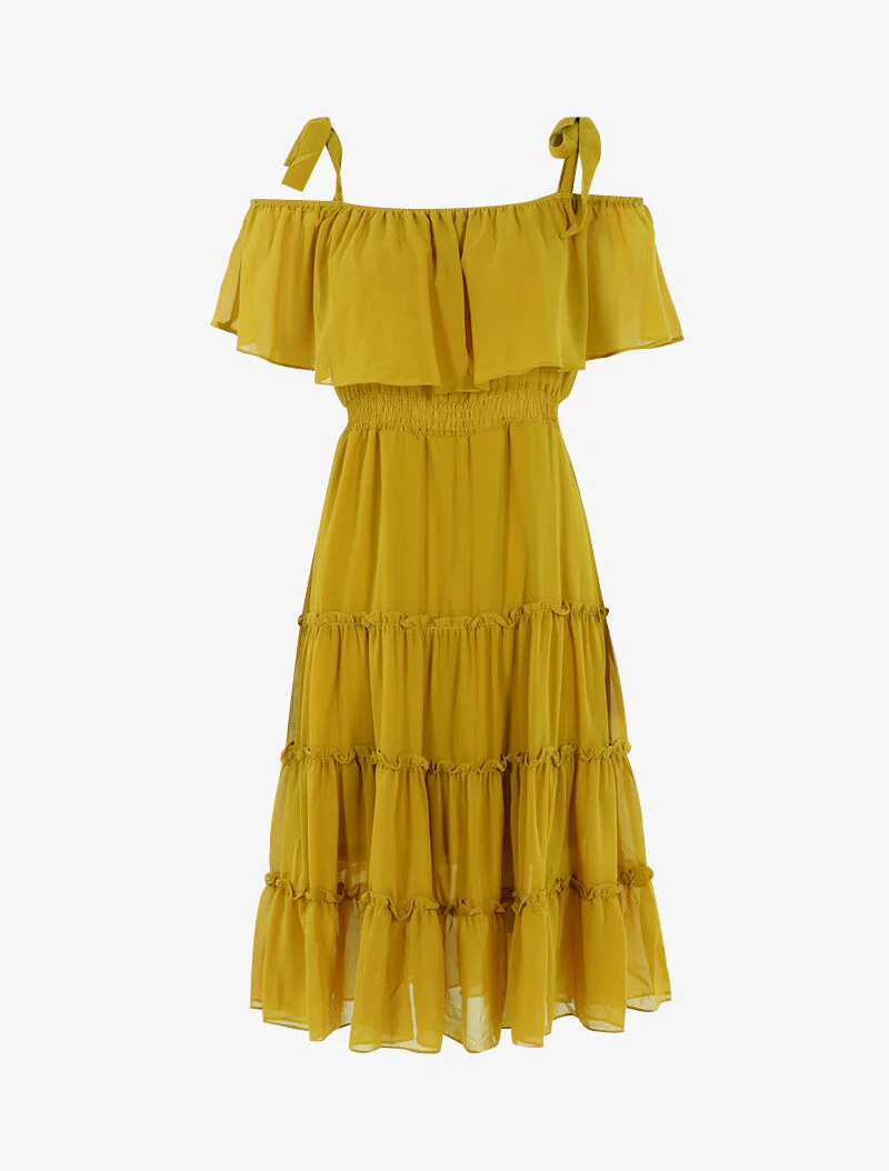 Robe col bardot volantée - jaune