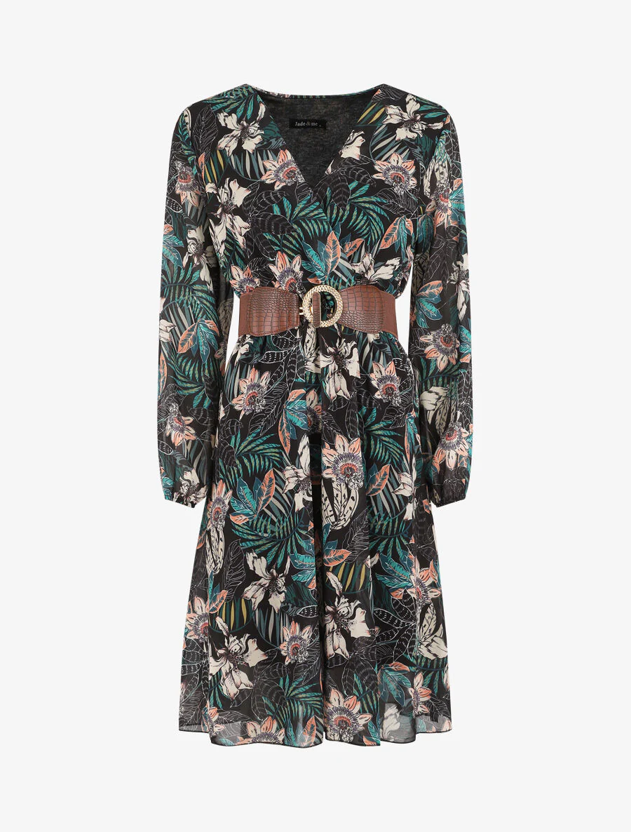 Robe col cache-coeur imprimé orchidées - Vert