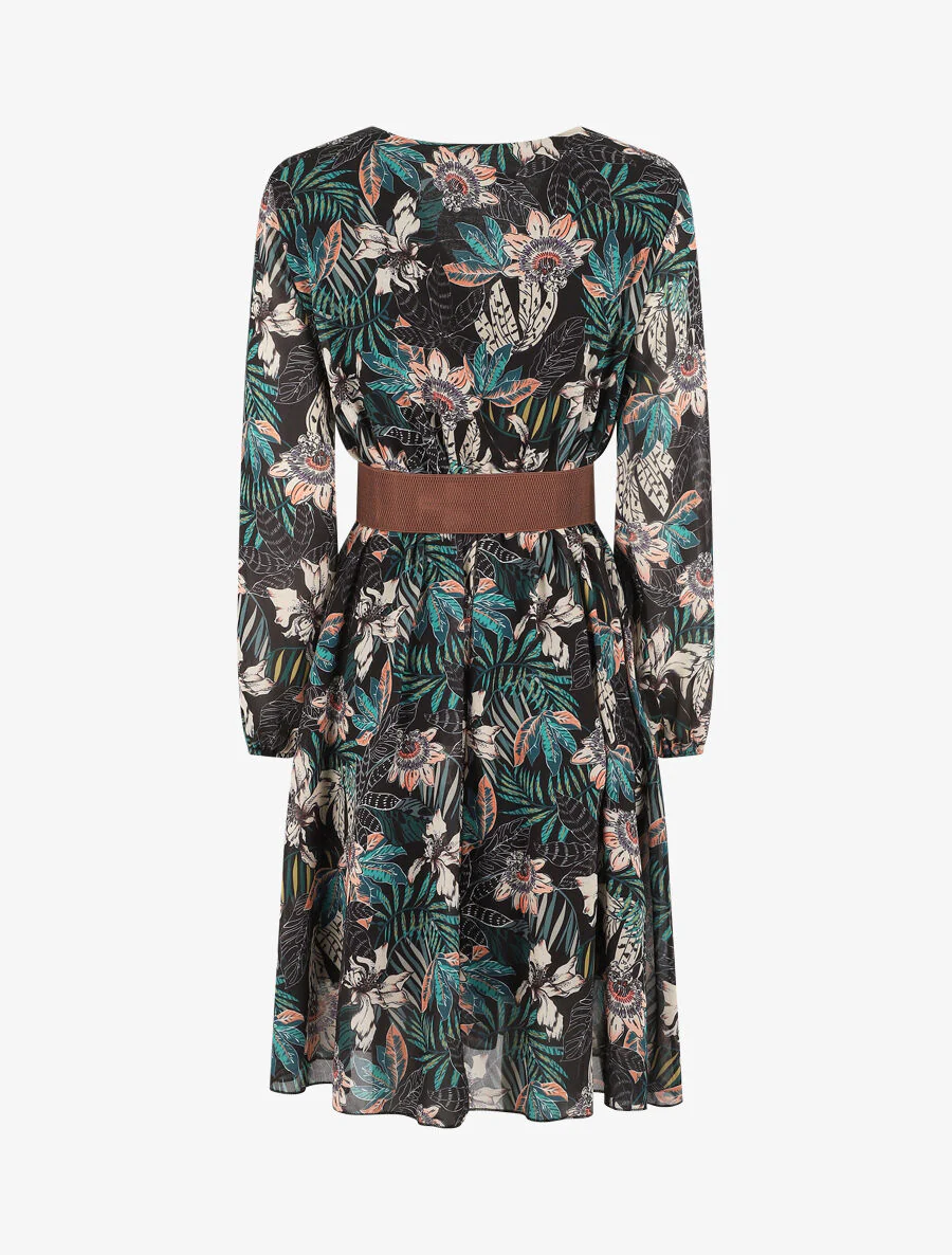 Robe col cache-coeur imprimé orchidées - Vert - Image 2