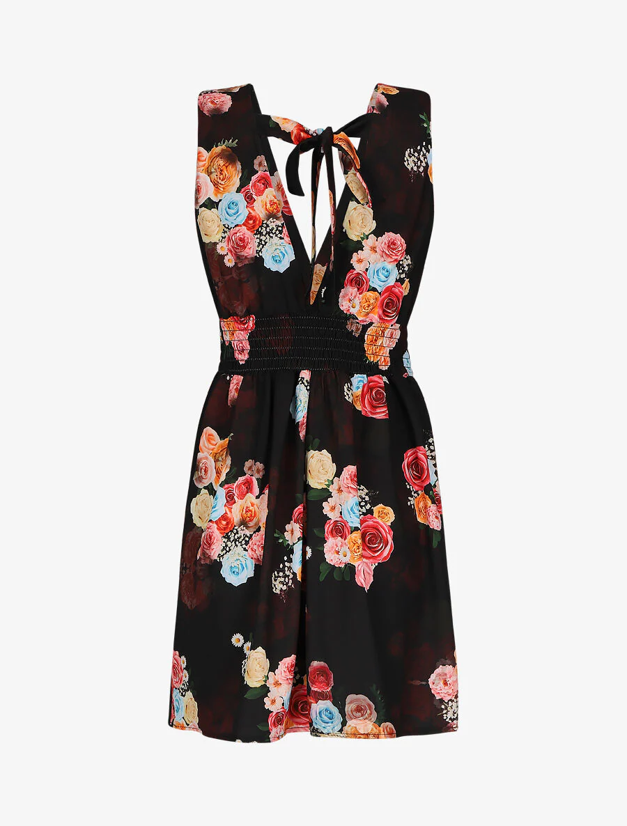 Robe col V à imprimé floral - Noir - Image 2