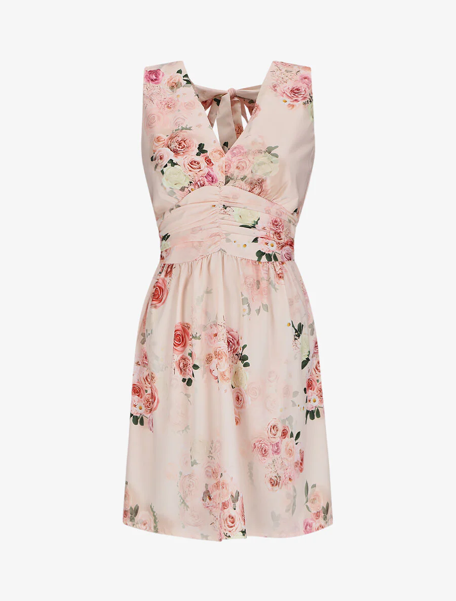 Robe col V à imprimé floral - Beige rosé