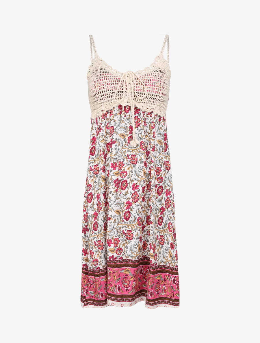 Robe constratée imprimé floral et graphique - Blanc
