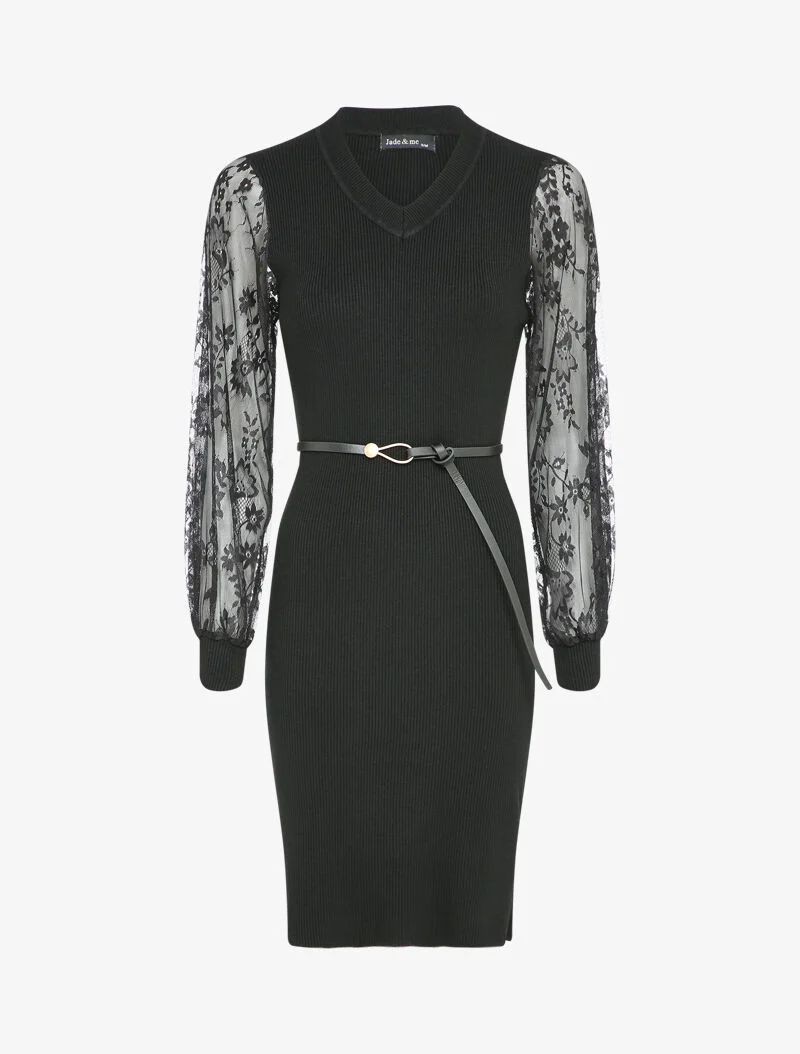 Robe côtelée à manches en dentelle fleurie - Noir