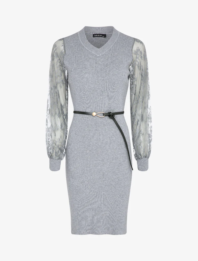 Robe côtelée à manches en dentelle fleurie - Gris
