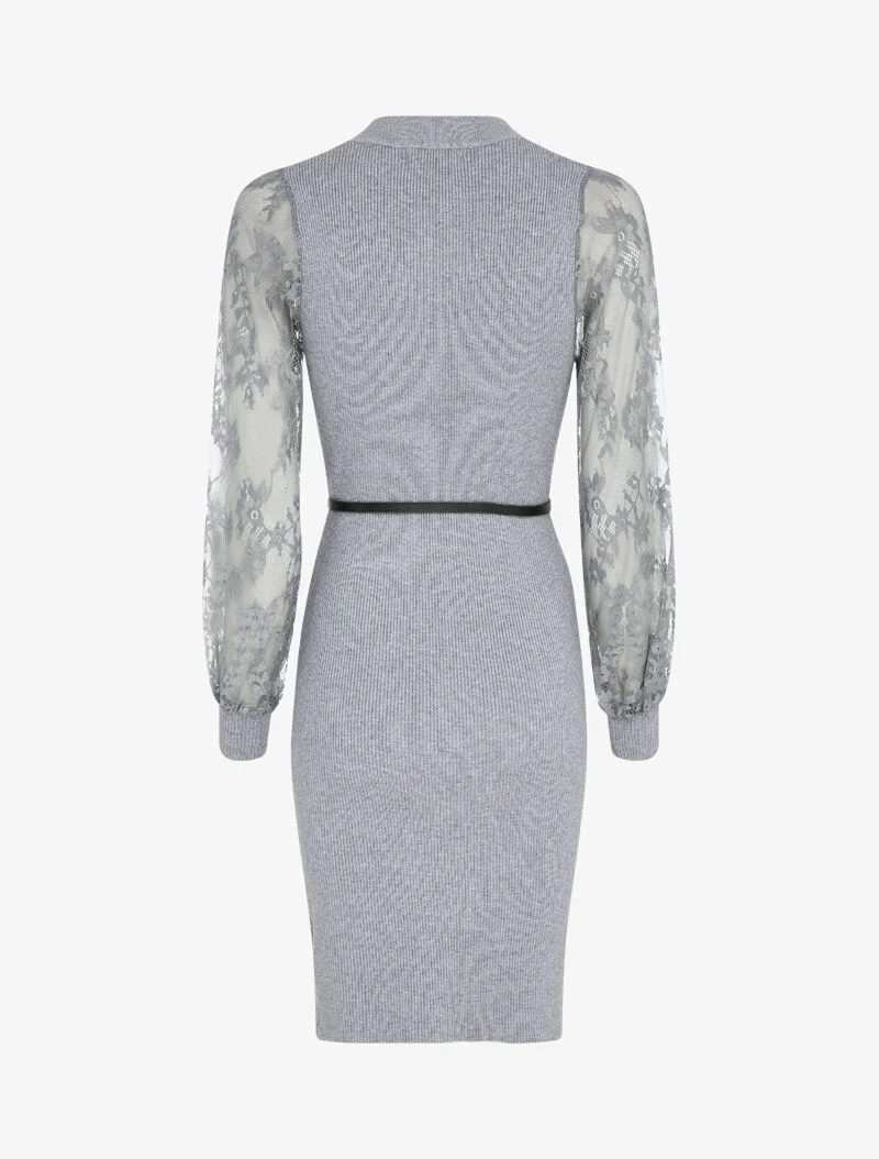 Robe côtelée à manches en dentelle fleurie - Gris - Image 2