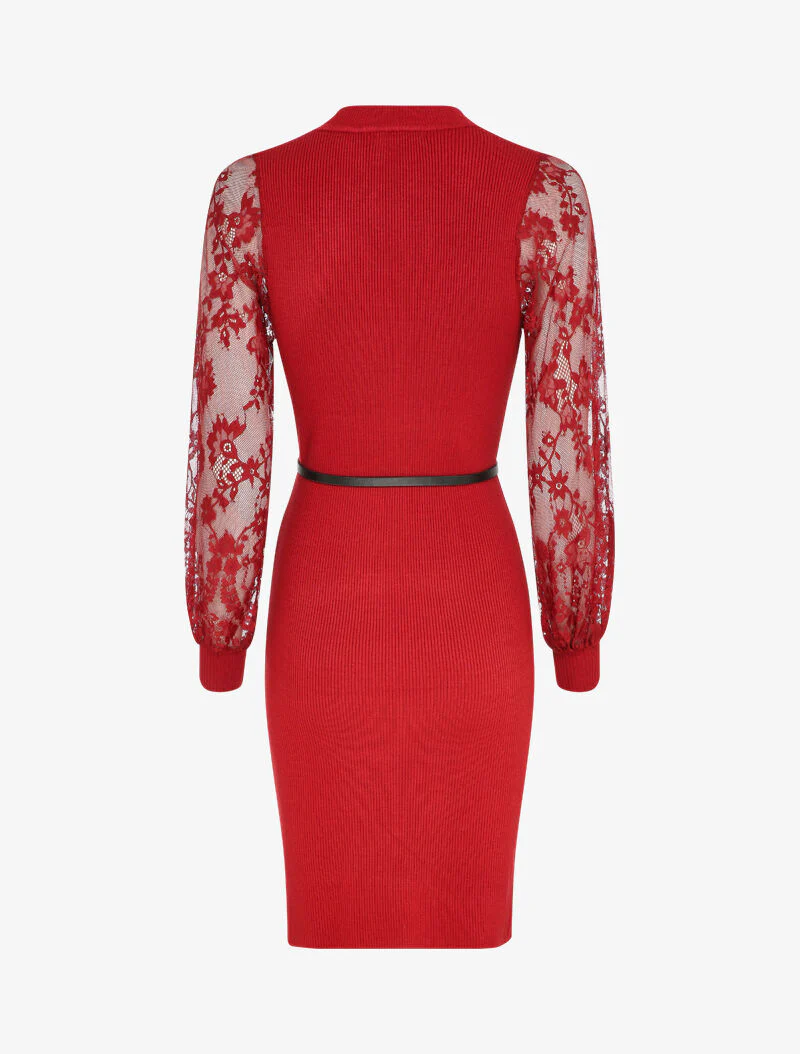 Robe côtelée à manches en dentelle fleurie - Rouge - Image 2