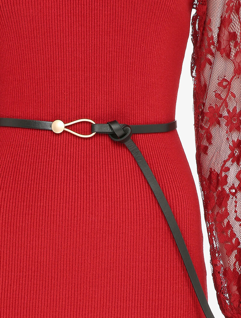Robe côtelée à manches en dentelle fleurie - Rouge - Image 3