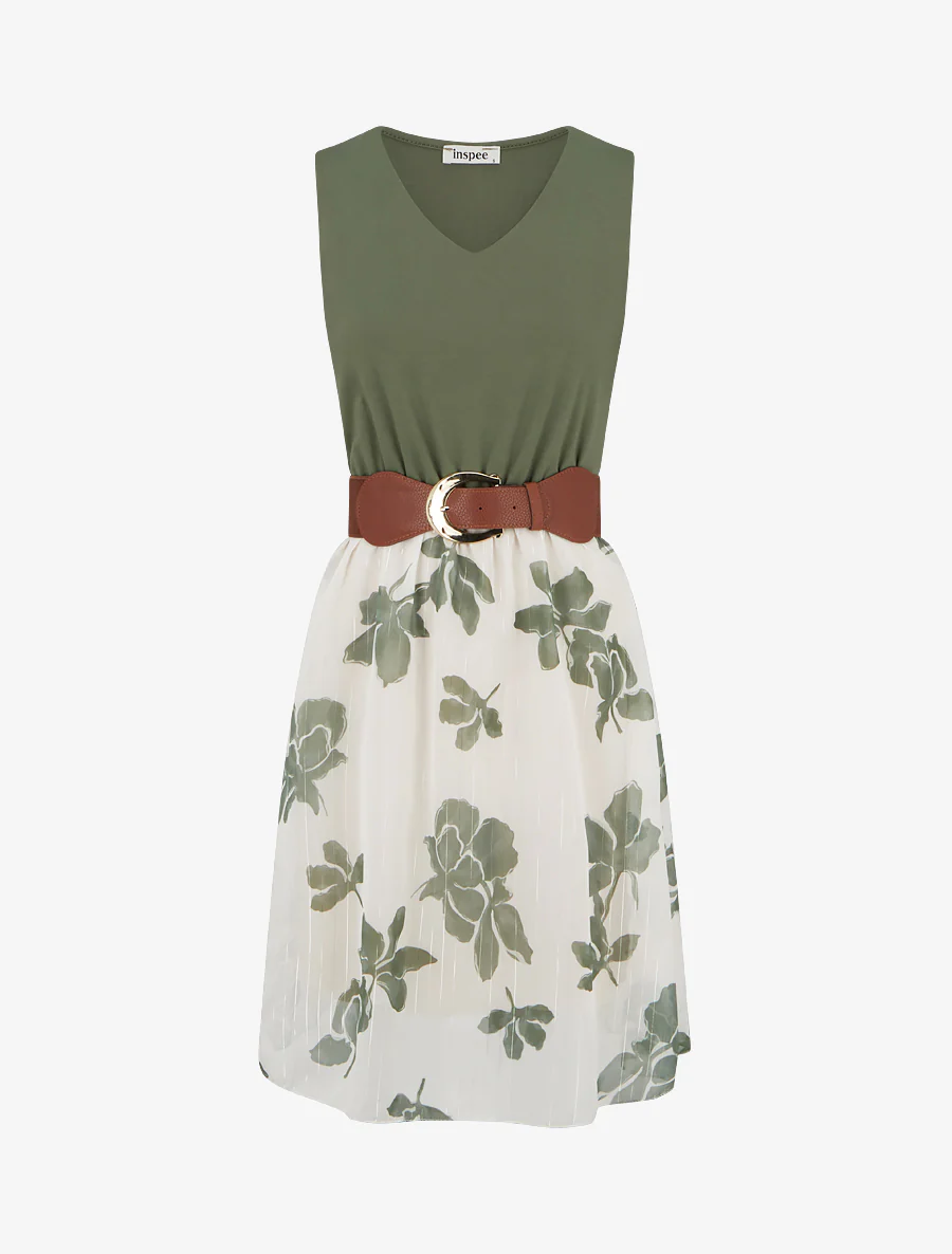 Robe coupe évasée imprimé floral - Kaki
