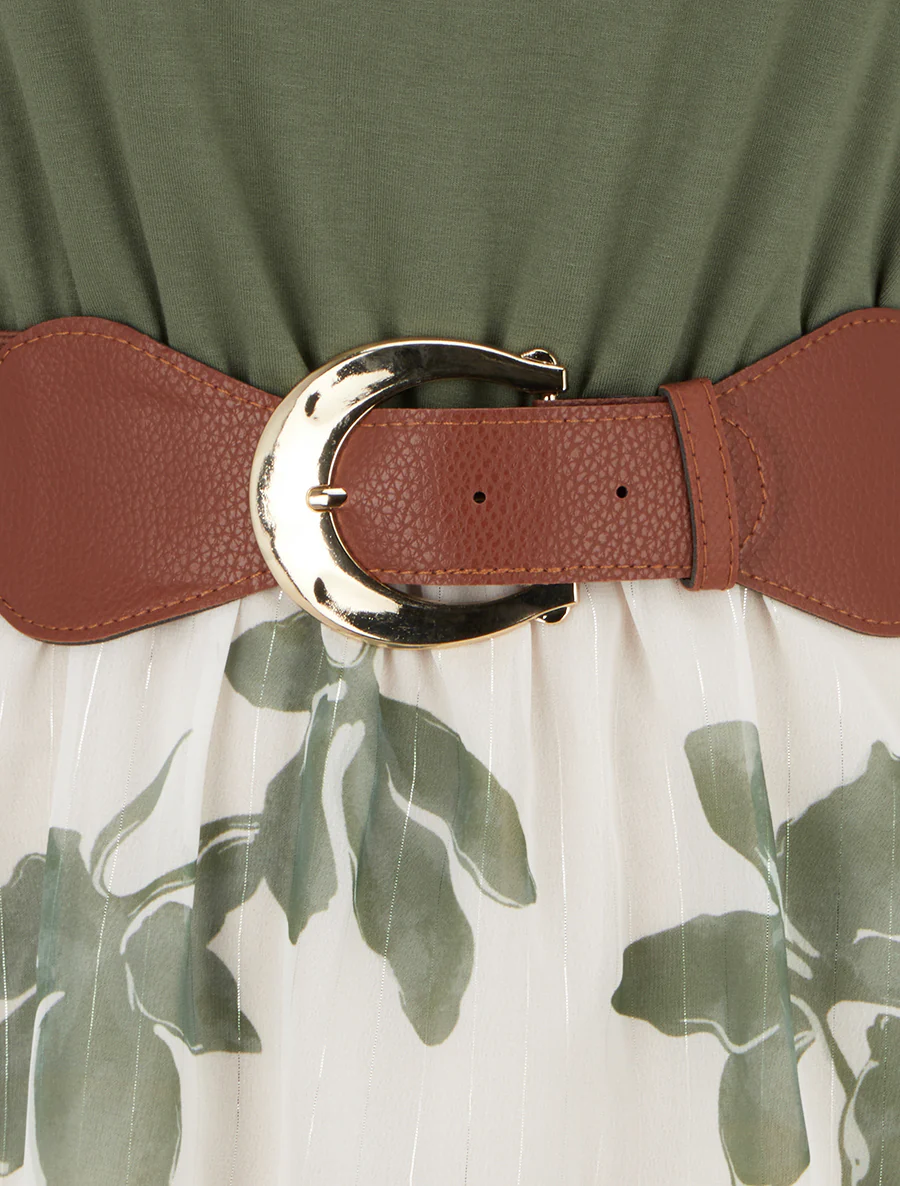 Robe coupe évasée imprimé floral - Kaki - Image 3