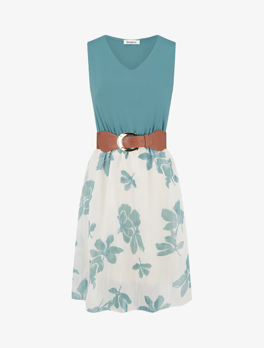 Robe coupe évasée imprimé floral - Bleu clair