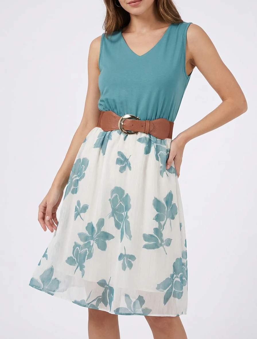 Robe coupe évasée imprimé floral - Bleu clair - Image 4