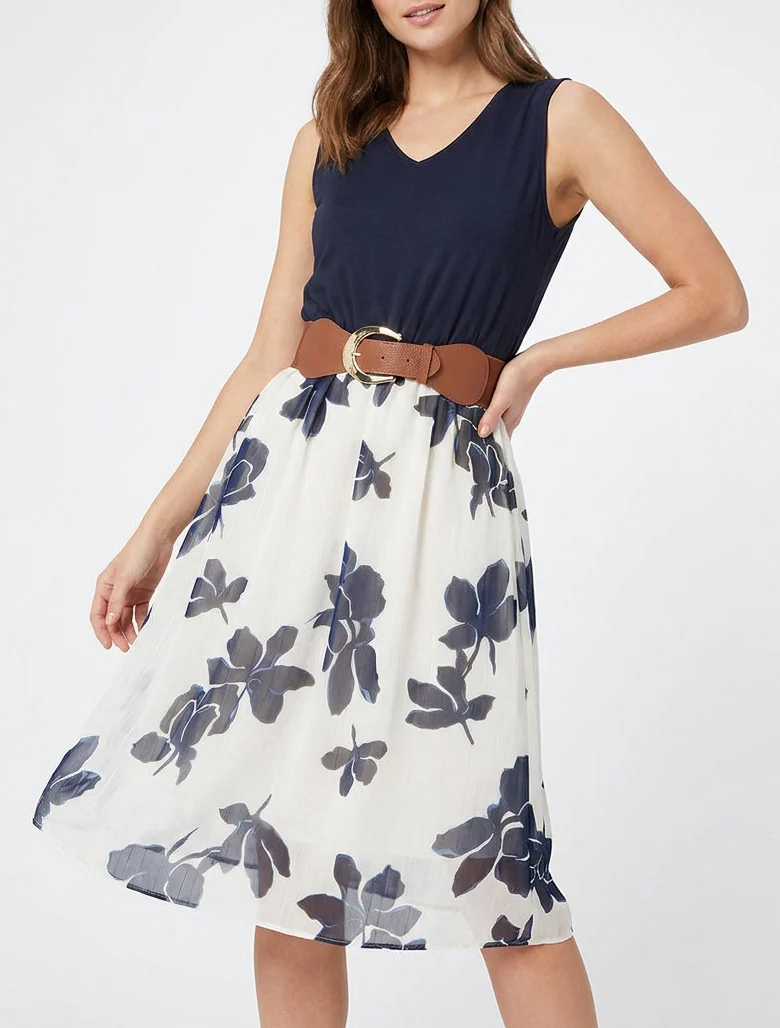 Robe coupe évasée imprimé floral - Marine - Image 4
