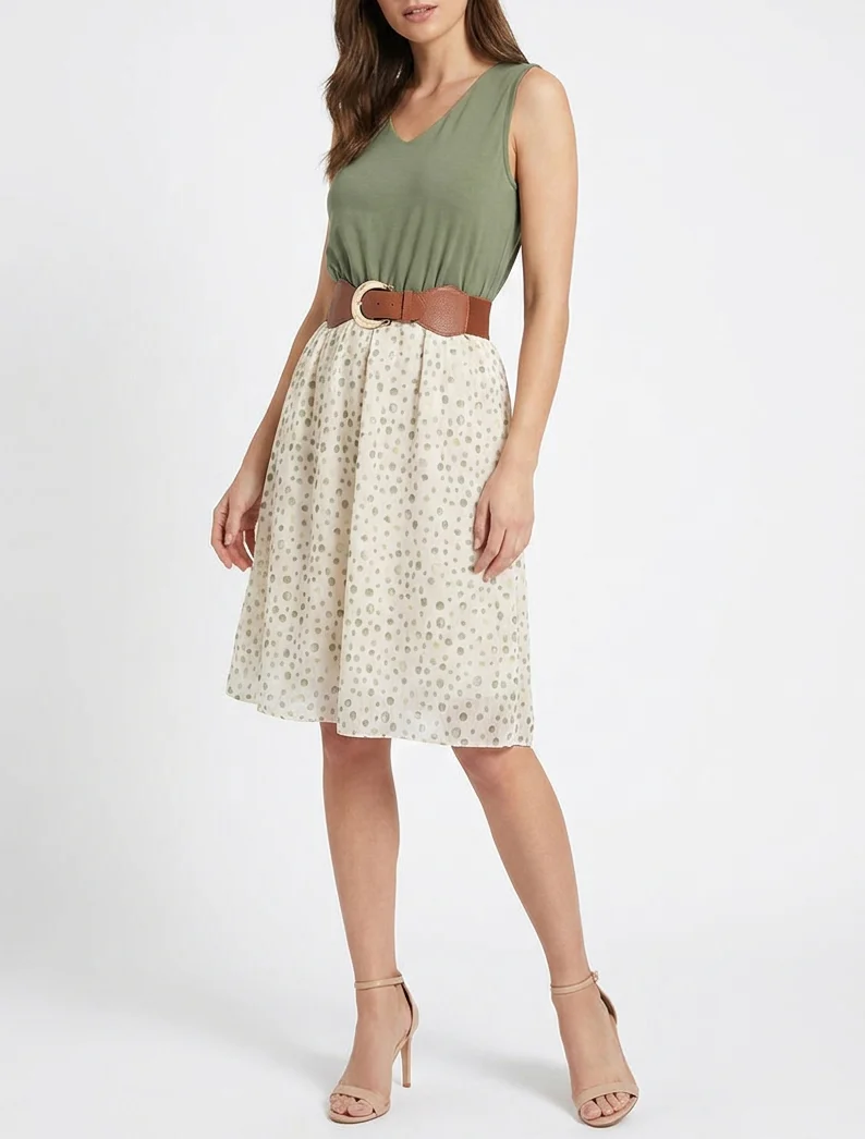 Robe coupe évasée imprimé pois fantaisies - Kaki - Image 4
