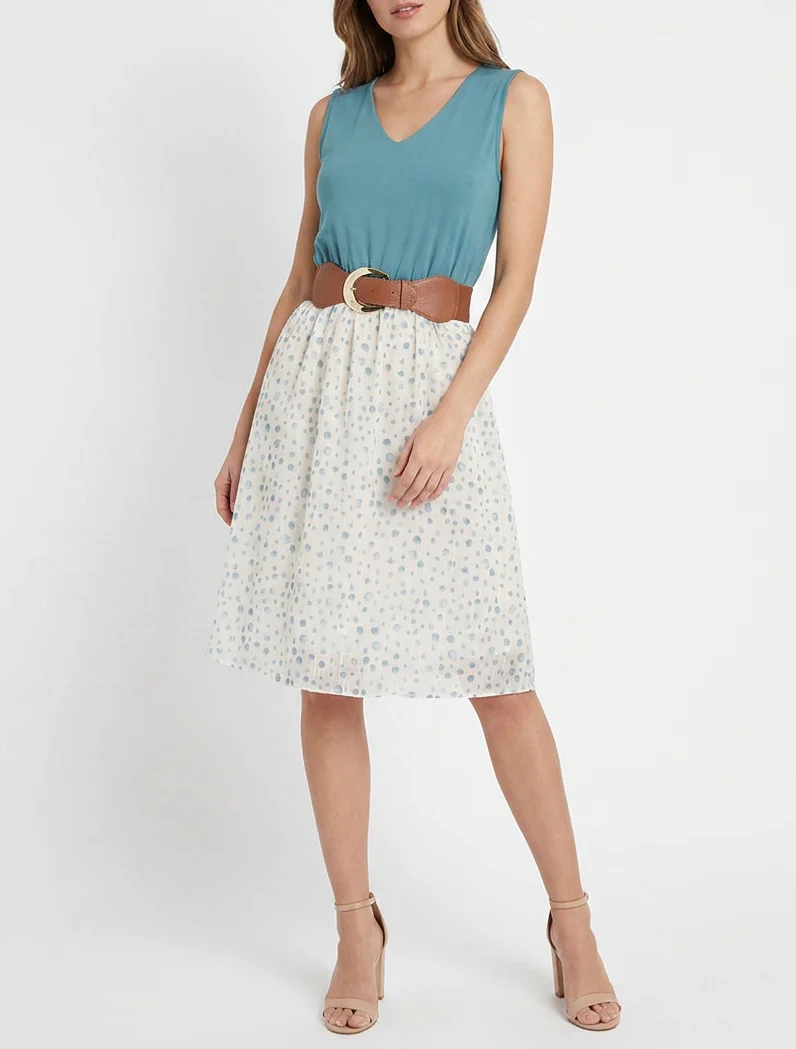 Robe coupe évasée imprimé pois fantaisies - Bleu clair - Image 4