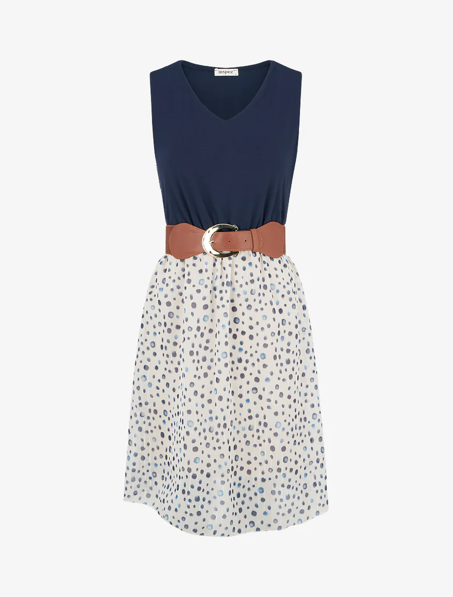 Robe coupe évasée imprimé pois fantaisies - Marine