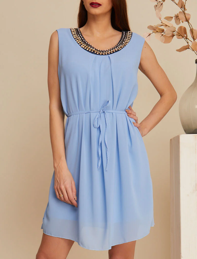 Robe coupe trapèze à col bijou - bleu ciel