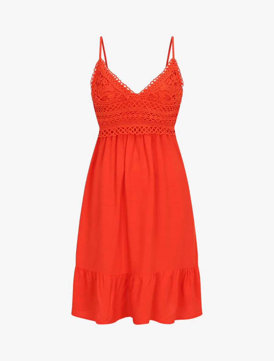 Robe courte à bretelles et dentelle - Corail