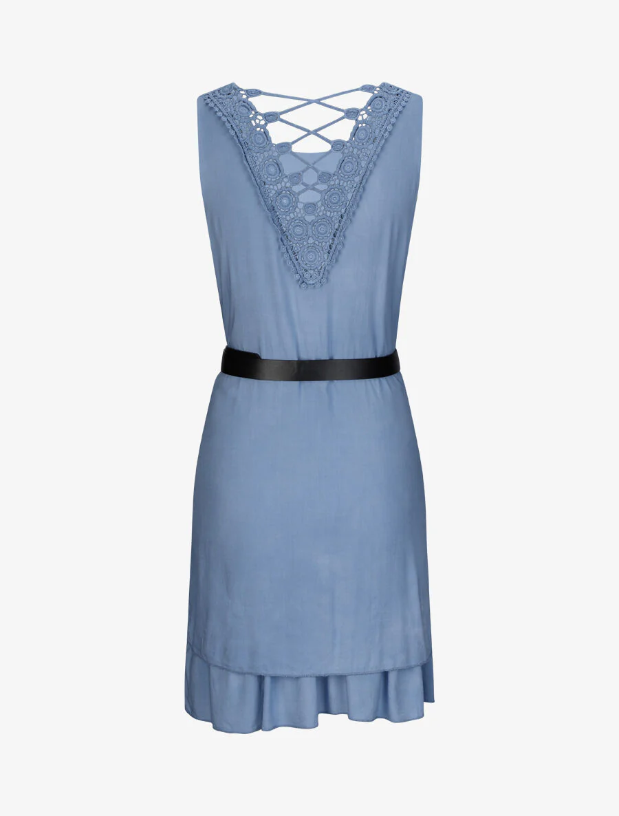 Robe courte droite à dos en crochet - Bleu - Image 2
