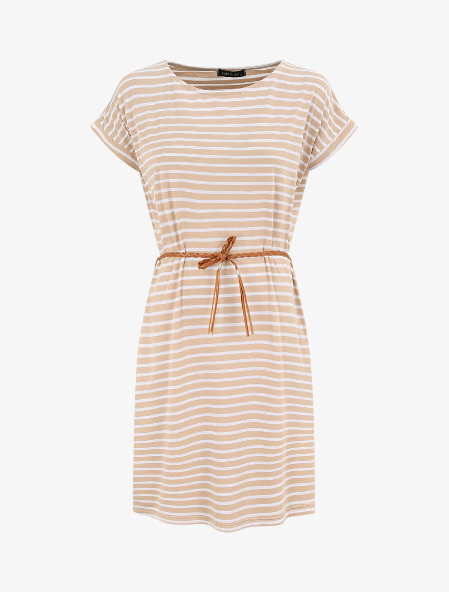 Robe courte droite rayée à manches courtes - Beige