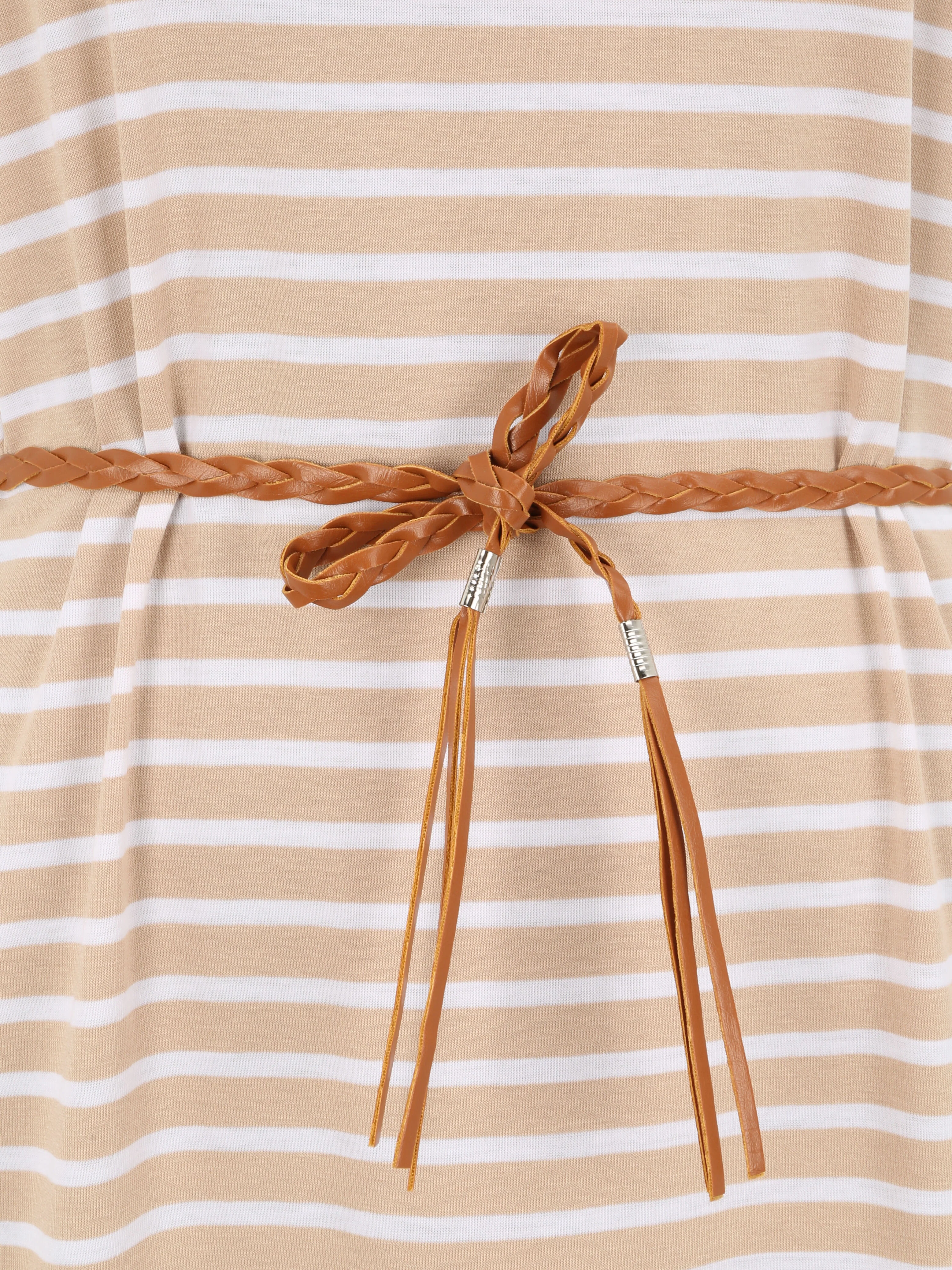Robe courte droite rayée à manches courtes - Beige - Image 3
