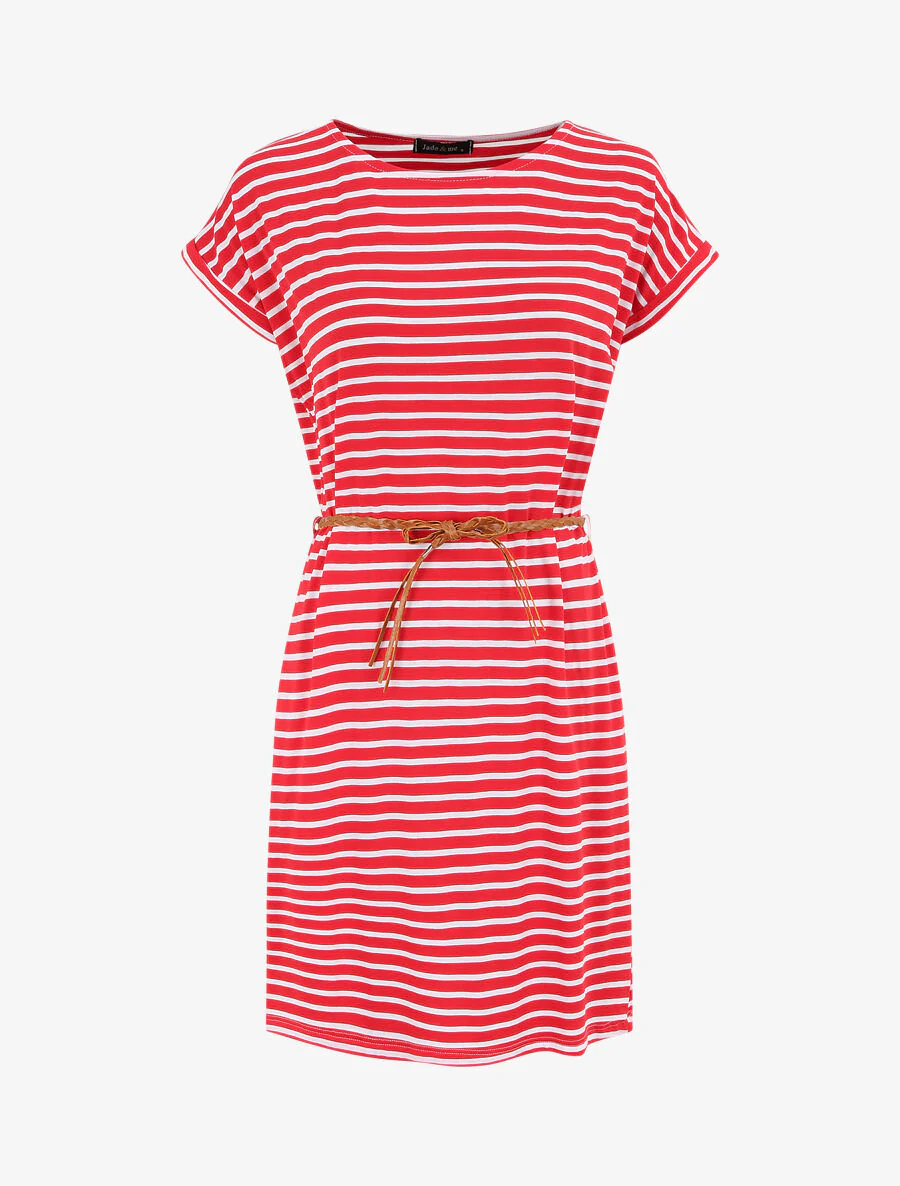 Robe courte droite rayée à manches courtes - Rouge
