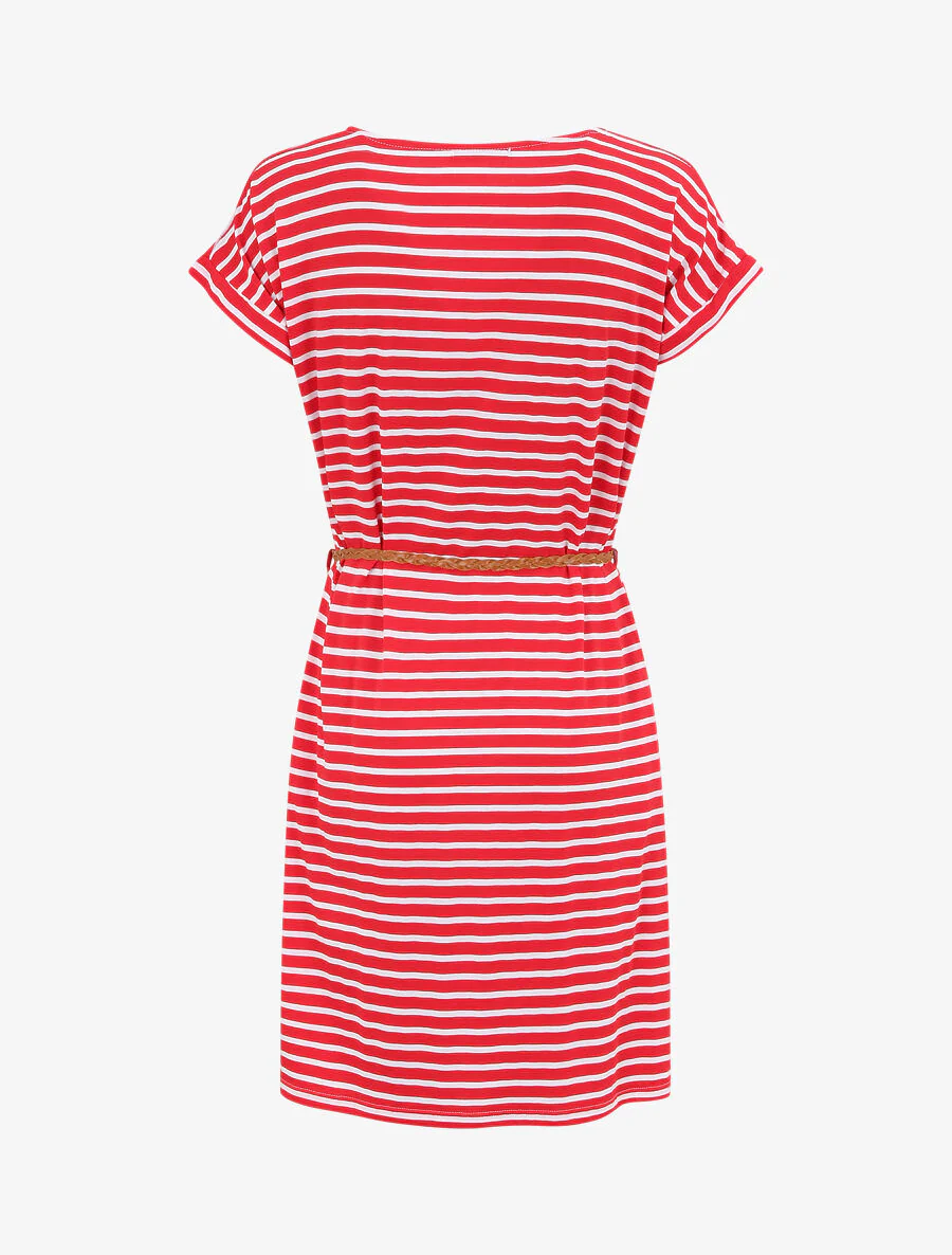 Robe courte droite rayée à manches courtes - Rouge - Image 2
