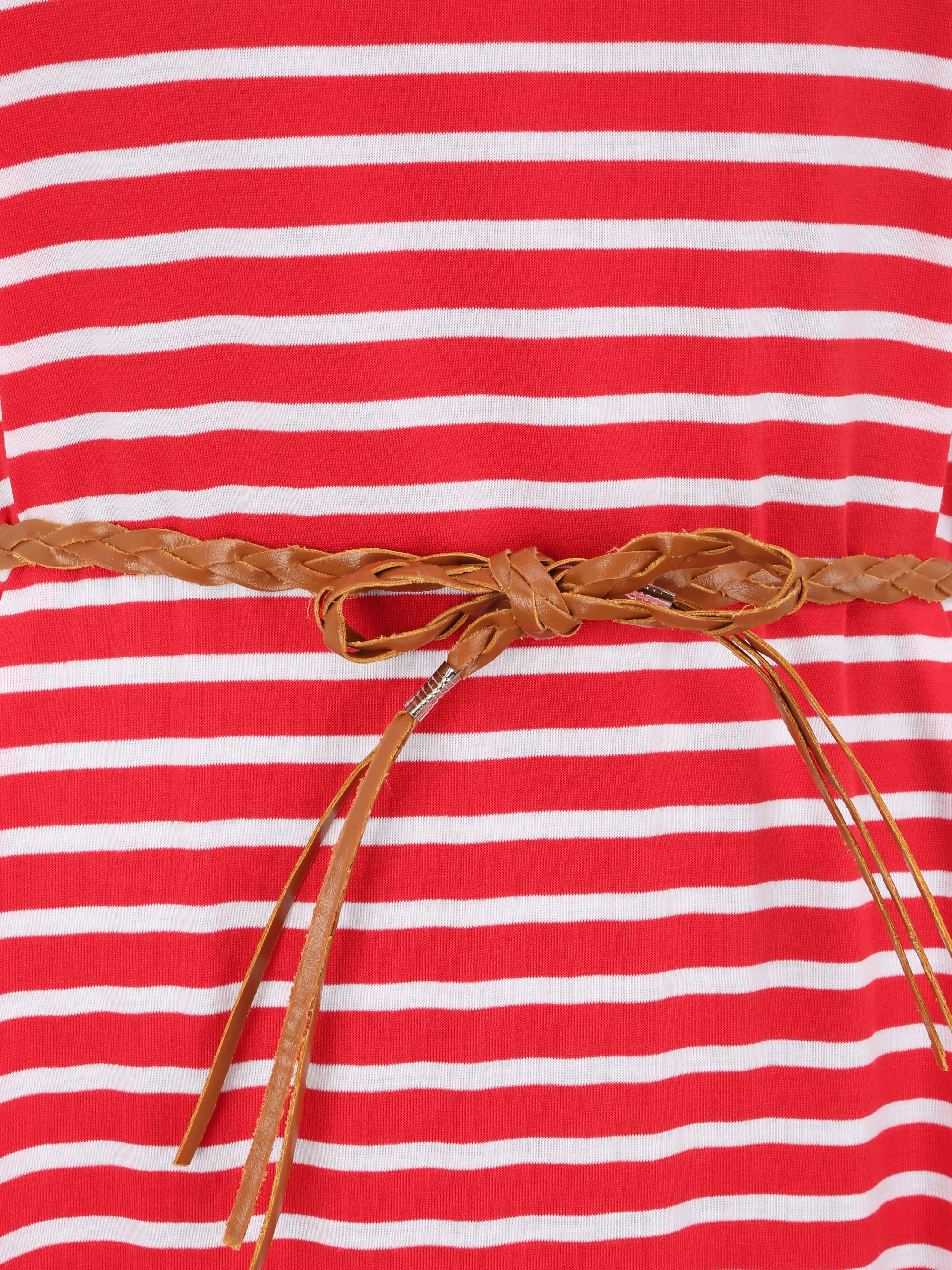 Robe courte droite rayée à manches courtes - Rouge - Image 3