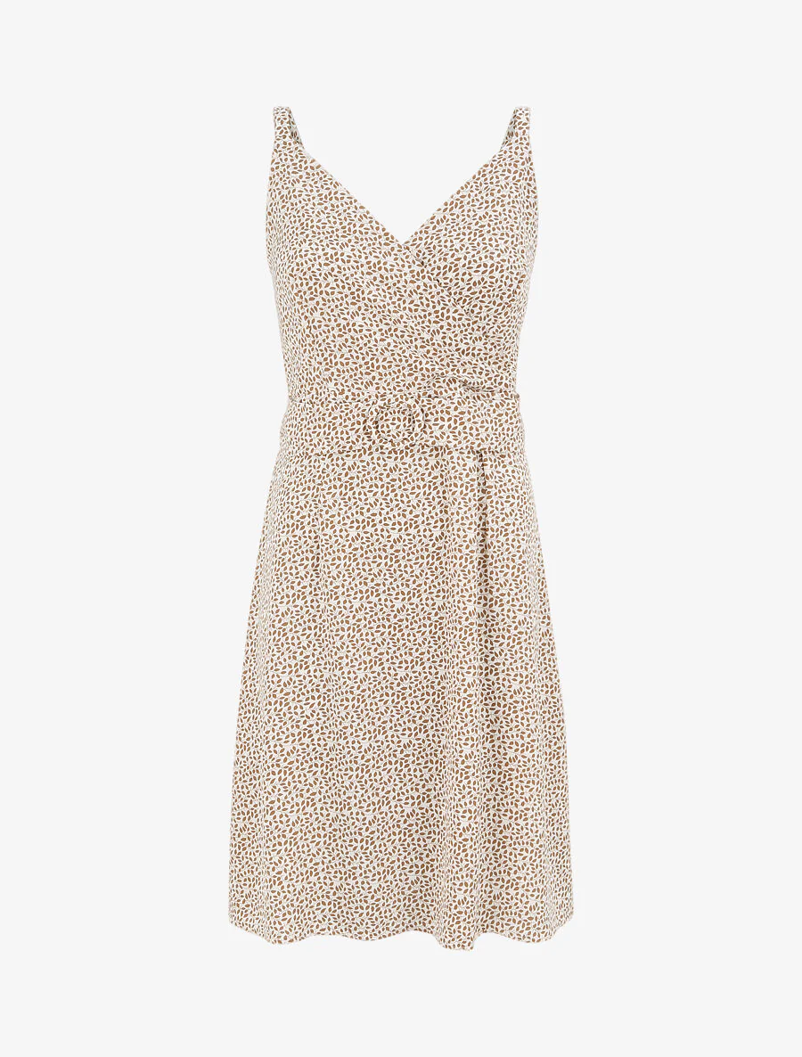 Robe courte empire à col cache-coeur imprimé feuillage - Écru