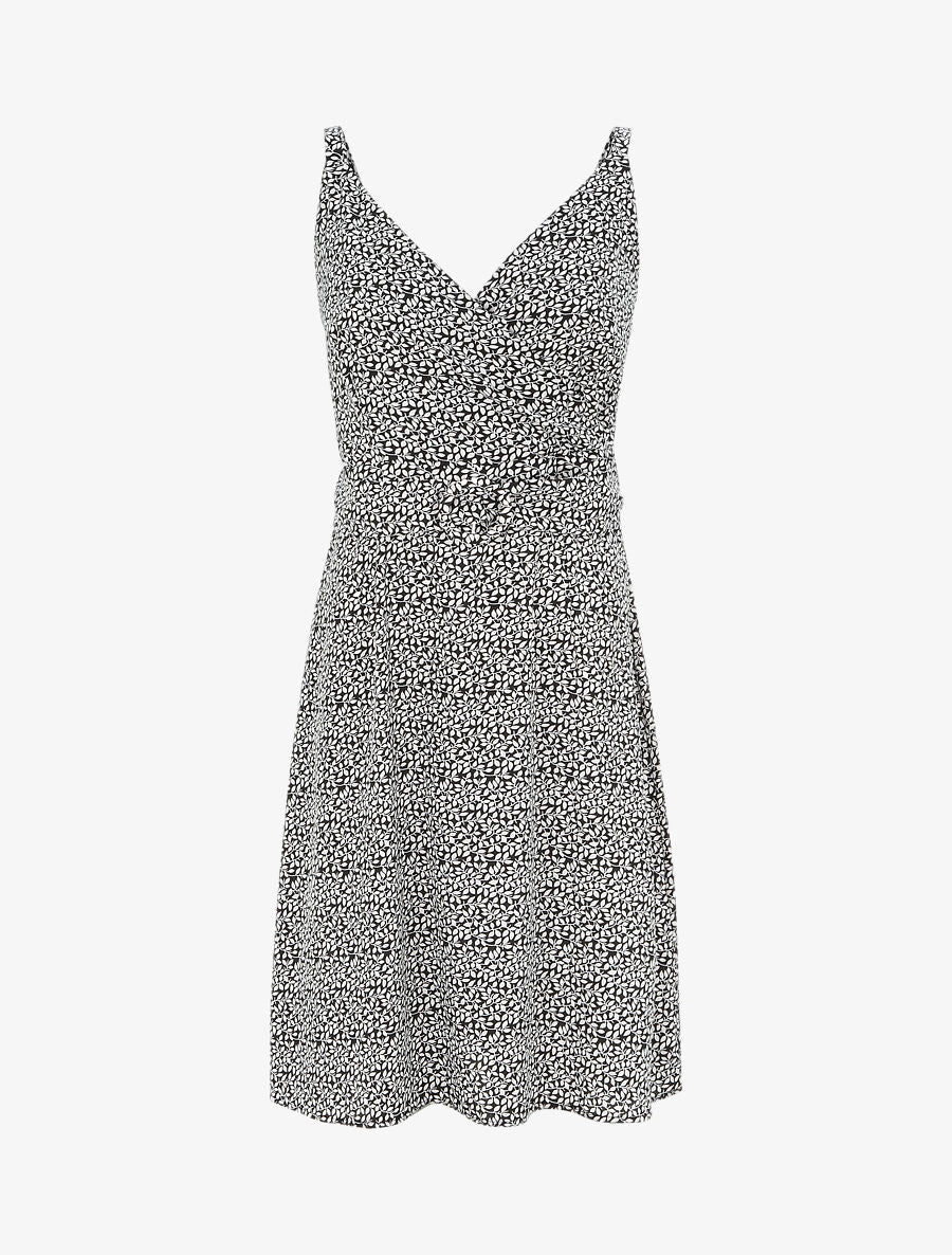 Robe courte empire à col cache-coeur imprimé feuillage - Noir