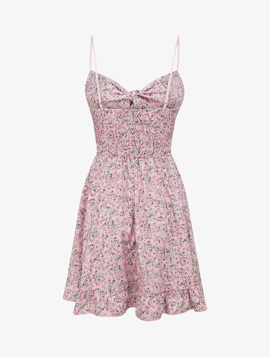 Robe courte empire fleurie à noeud - Rose pâle - Image 2