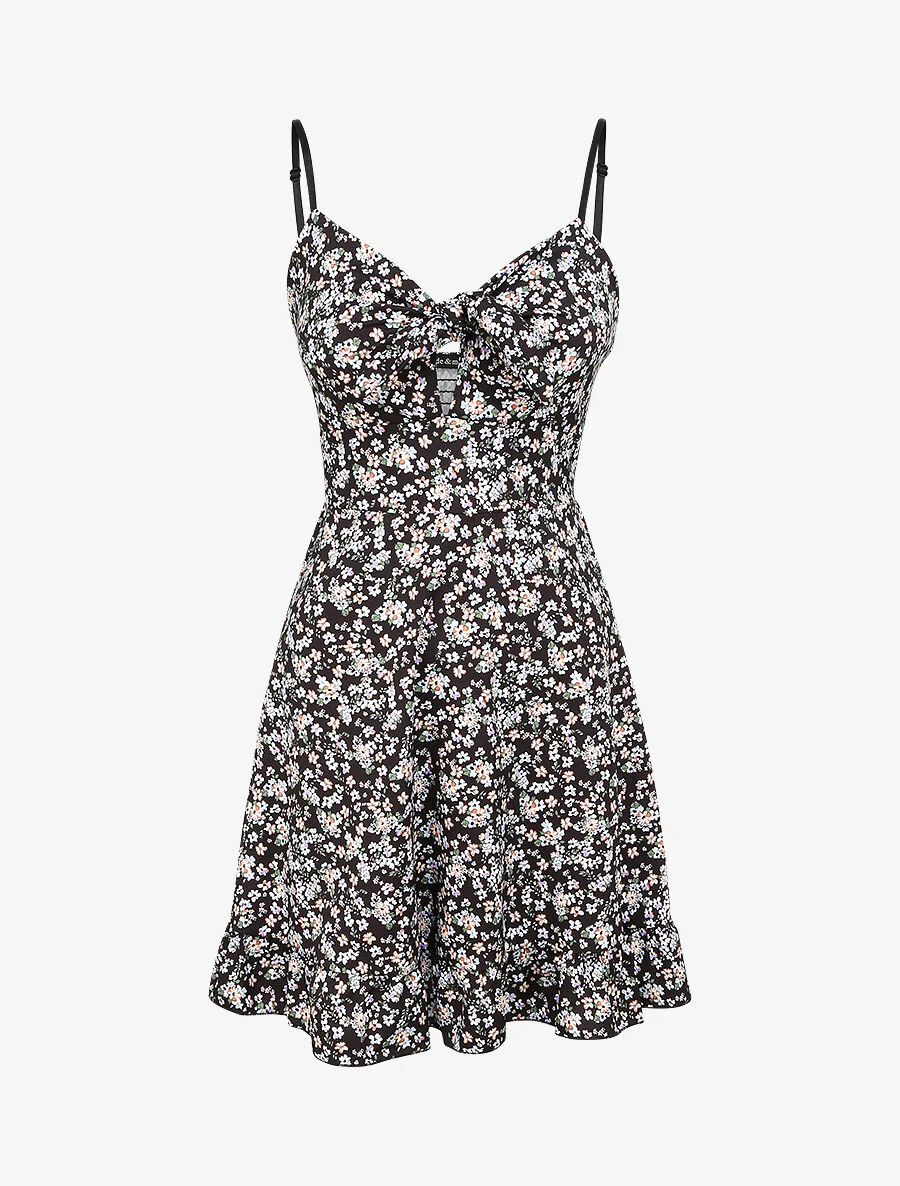 Robe courte empire fleurie à noeud - Noir