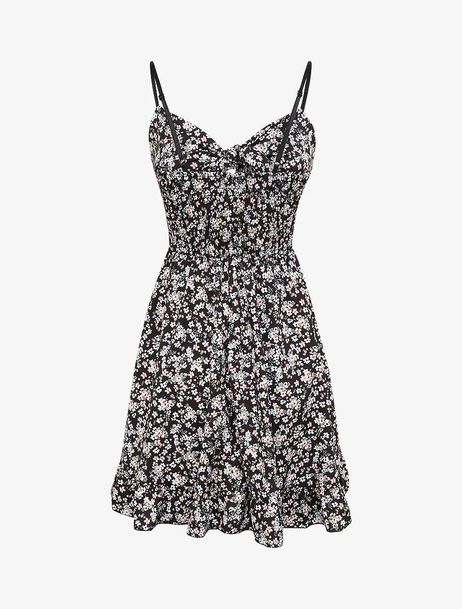 Robe courte empire fleurie à noeud - Noir - Image 2