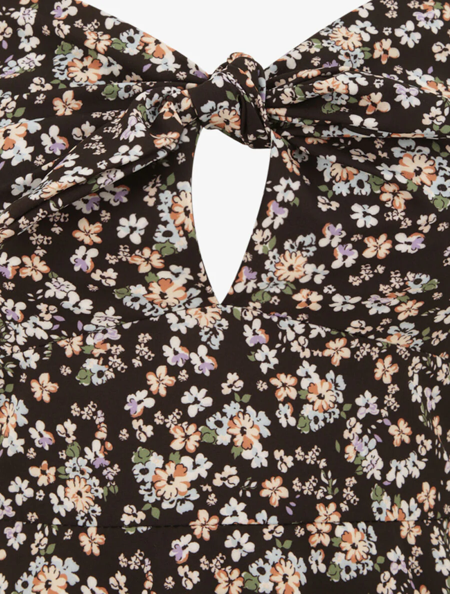 Robe courte empire fleurie à noeud - Noir - Image 3