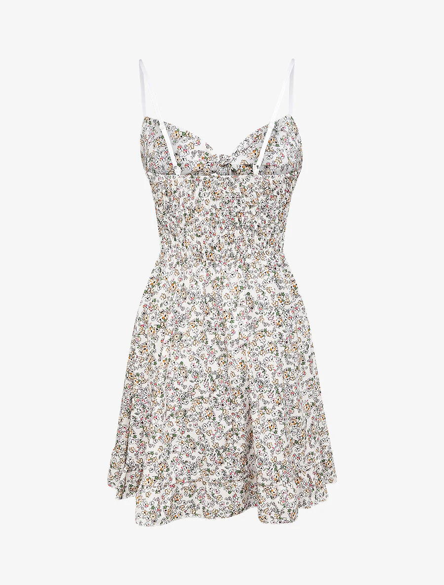 Robe courte empire fleurie à noeud - Blanc - Image 2