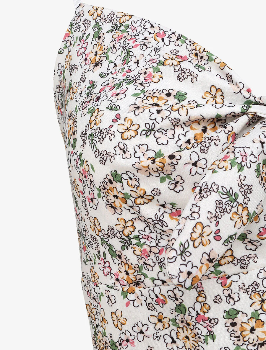 Robe courte empire fleurie à noeud - Blanc - Image 3