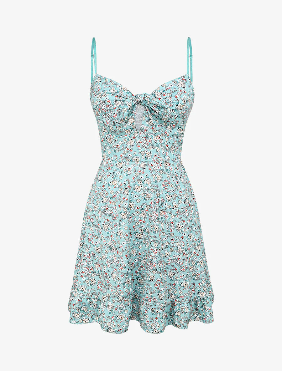 Robe courte empire fleurie à noeud - Bleu clair
