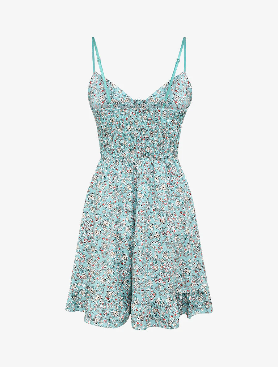 Robe courte empire fleurie à noeud - Bleu clair - Image 2