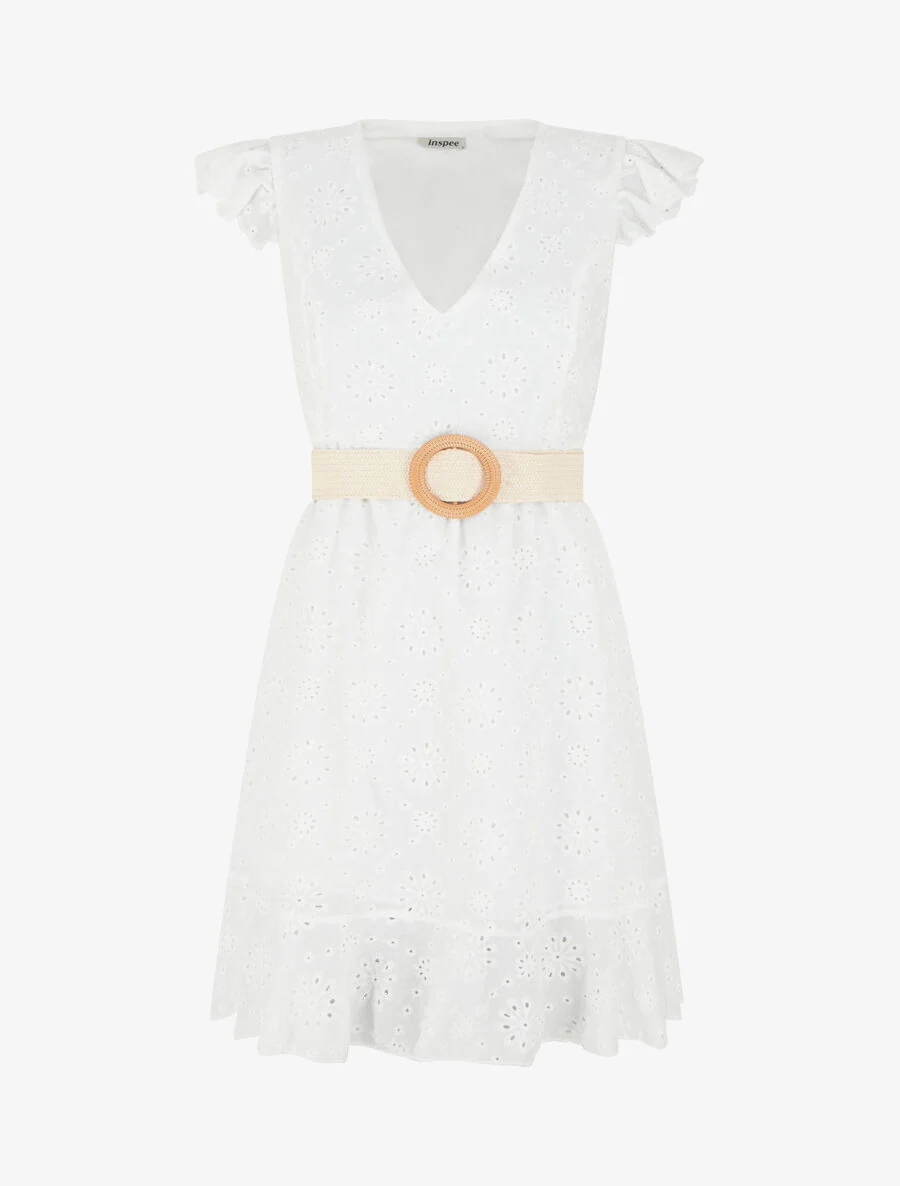 Robe courte évasée en broderie anglaise - Blanc