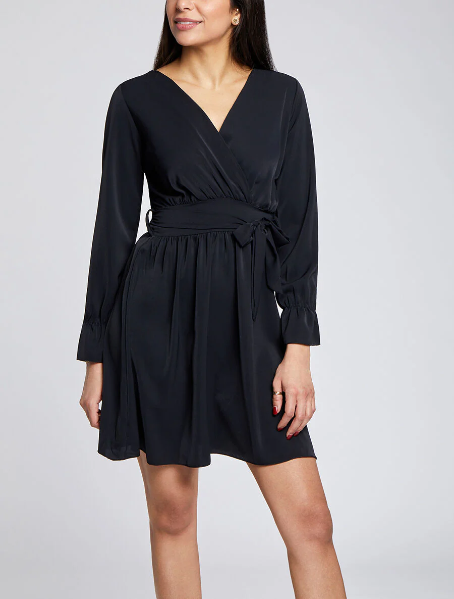 Robe courte patineuse à col cache-coeur - Noir - Image 4