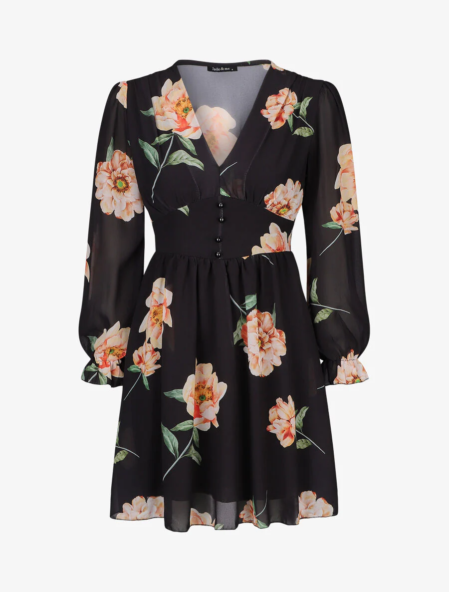 Robe courte patineuse imprimé grandes fleurs - Noir