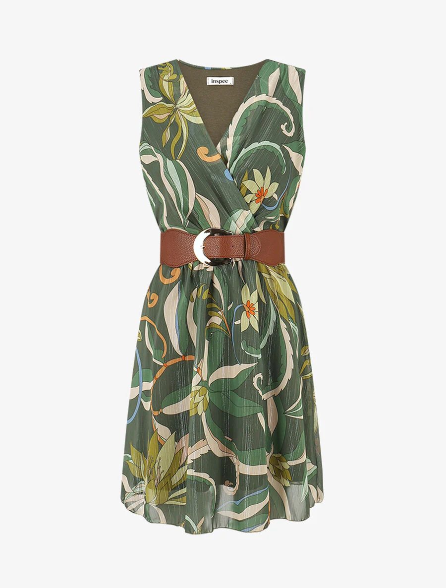 Robe courte sans manches imprimé floral irisé - Kaki