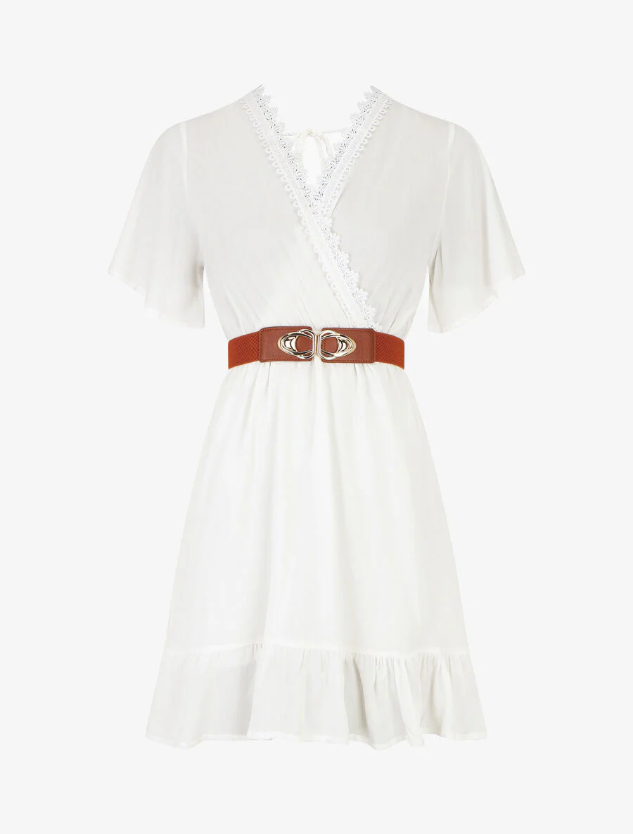 Robe courte unie col dentelle et bords volantés - Blanc