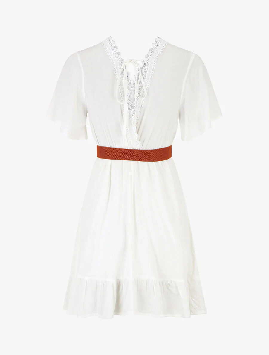 Robe courte unie col dentelle et bords volantés - Blanc - Image 2